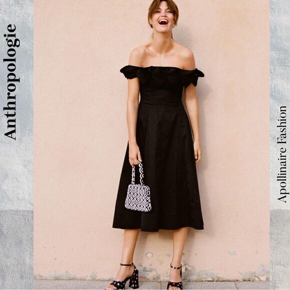 ANTHROPOLOGIE BY MAEVE OFF SHOULDER BOW MIDI DRESS IN BLACK SIZE 4 NEW - Picture 4 of 6